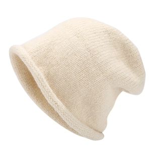 Women's minimalist cream white knit beanie with a stylish rolled edge design