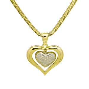 Detail view of a gold layered heart necklace with sparkling diamonds on a snake chain
