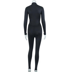 Rear view of black slim-fit long-sleeve jumpsuit with high collar and athletic fabric
