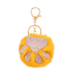 Flauschiger gelber Katzenpfoten-Schlüsselanhänger mit rosa Glitzer und goldenem Ring