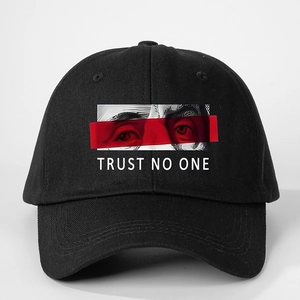 Black cotton baseball cap with Trust No One print and street style eye graphic design