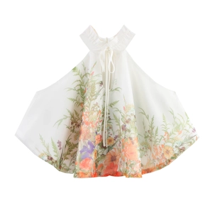 Haut Dos Nu Imprimé Fleuri Femmes Doux Sans Manches Chiffon Camisole Col À Nouer Été Bohème Blouse Fluide