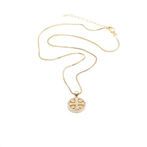 Collana religiosa San Benito dorata con croce e zirconi bianchi su catena a scatolina