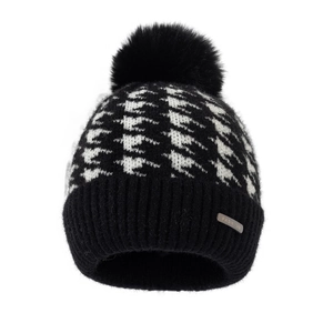 Women's winter rainbow knit beanie hat with faux fur pom-pom and thick fleece lining