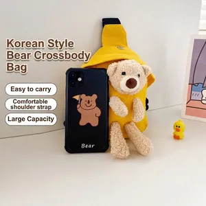 Kids Crossbody Bag Canvas Chest Pack With Cute 3D Plush Bear Adjustable Strap Earphone Hole Cartoon Style For Boys Girls