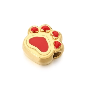 Golden stainless steel animal paw pendant with red enamel inlay for DIY jewelry making