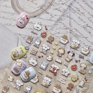 Detail view of 3D embossed dog family nail stickers with cute cartoon characters and hearts