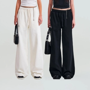 Wide Leg Sweatpants Cotton Elastic Waist Drawstring Cross Embroidery Streetwear Casual Loose Long Trousers For Women