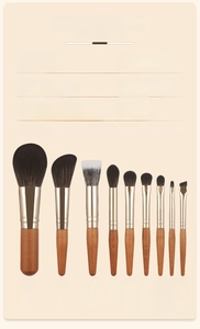 Detail view of 10 professional makeup brushes with soft fiber bristles and birch handles