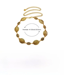 Detailed view of antique gold bohemian metal waist chain with size measurements