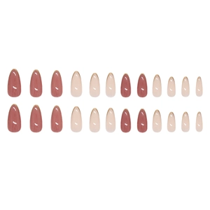 Press on nails with 24 pieces of almond-shaped bean paste pink and nude with gold trim