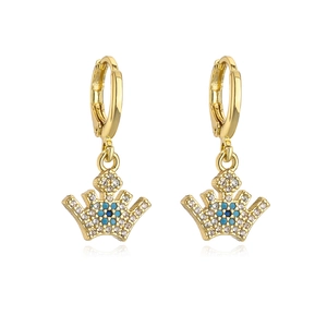 Detail of 18K gold-plated crown earrings featuring blue and clear cubic zirconia stones
