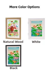 Front view of rectangular wooden art frames in natural, white, and black finishes