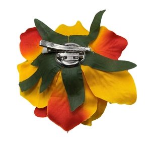 Realistic 11cm yellow and orange rose hair clip with metal brooch pin and green leaves