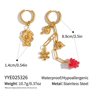 Detailed view of asymmetric 18K gold-plated stainless steel earrings with berry charms