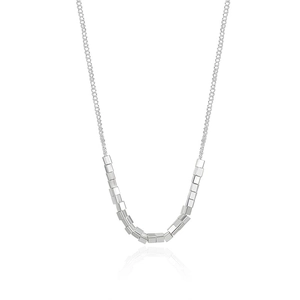 Minimalist 925 sterling silver necklace with geometric cube beads on white background