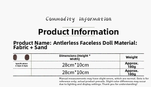 Size chart showing dimensions of reindeer faceless gnome dolls made of fabric and sand