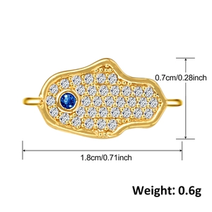 14K gold plated Hamsa hand charm with evil eye and crystals, dimensions and weight details