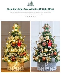 60cm golden desktop Christmas tree with warm LED lights in both on and off states
