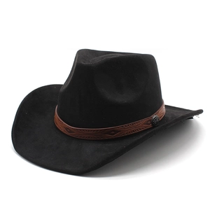 Classic black suede jazz hat with brown leather band and vintage metal buckle detail