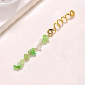 Golden spiral dreadlock hair ring with natural green and white stone pendant charms