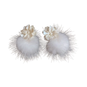 Boucles d'oreilles fleur pompon blanc avec perle, bijoux style français aiguille argent