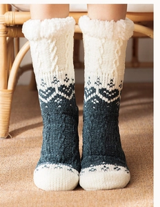 Detailed view of thick knit winter floor socks with Nordic patterns and plush cuffs