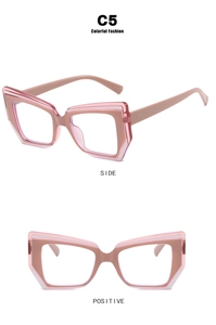 Dettaglio montature a farfalla cat-eye in TR90 rosa trasparente, viste frontali e laterali