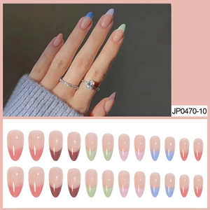 French Tip Press On Nails Almond Shape Multicolor Gradient Long Glossy False Nails With Jelly Glue And Mini File