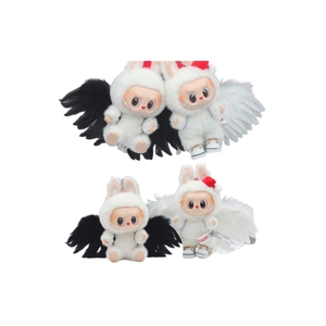 Plush Labubu dolls in rabbit outfits with black and white angel wings on white backdrop