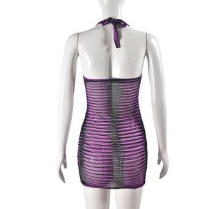 Back view of a purple and black striped halter mini dress showing elastic fabric details