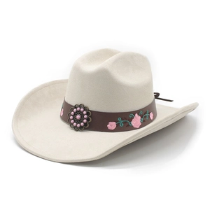 Cream western cowboy hat for women with floral embroidery and vintage metal buckle detail