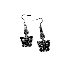 Gothic silver and black butterfly skull earrings for women with rock music festival vibe
