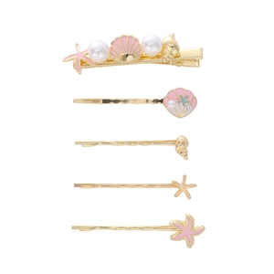 5-piece gold ocean hair clip set featuring pink starfish, sea shells and pearls
