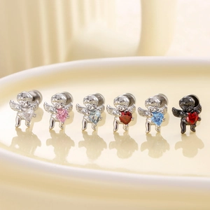 Set of six angel zircon heart stud earrings in varied colors with screw back design