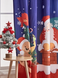 Detail of Christmas curtain featuring Santa Claus and cartoon bear on navy blue fabric