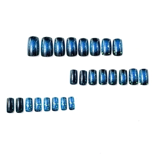 Blue gradient starry sky press-on nails set with glitter star patterns, 24 pieces
