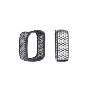 Detailed view of gun black rectangular earrings featuring full white zircon pavé setting