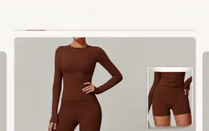 Deep brown long sleeve yoga top and high-waist leggings set for fitness