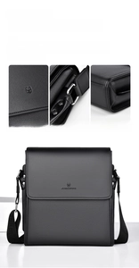 Detail of premium lychee texture leather, stitching, and metal buckle of male crossbody bag