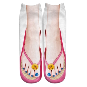 Macro detail of 3D flip-flop printed socks featuring blue nails and pink strap design