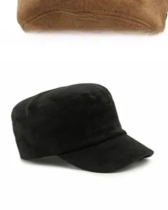 Detail of black faux suede cadet cap with metal eyelets and structured brim design