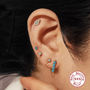 925 Sterling Silver turquoise earring set with gold chain tassel and dainty studs