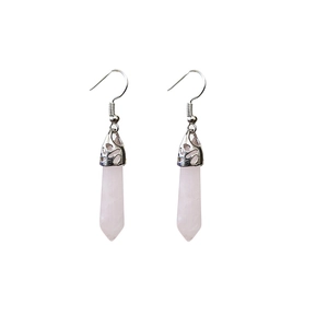 Pink quartz hexagonal column earrings with silver ornate caps and fish hooks