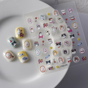 5D embossed cat nail art stickers FEB-479 with cute 3D kittens and fish patterns