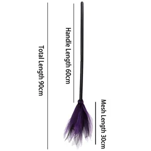 Halloween witch broom with purple mesh and black pole, 90cm total length dimension details