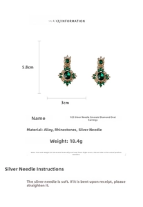 Detail specifications of green emerald drop earrings with size 5.8cm x 3cm and 925 silver pins