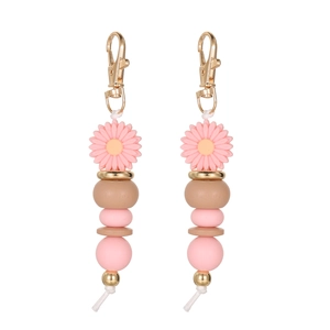 Daisy beaded keychain with pink silicone flowers and brown wood beads on gold clip