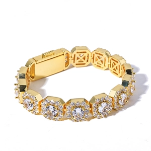 Men's 12mm gold square iced out bracelet featuring clear cubic zirconia and fold-over clasp
