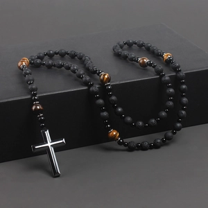 Natural Lava Stone Tiger Eye Beads Necklace Metal Cross Saint Benedict Medal Religious Vintage Men Jewelry